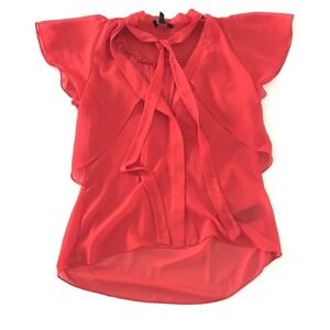 Bebe | Women Size XS Ruffle Button Up Asymmetrical Shirt Neck Tie Cap Sleeve Red